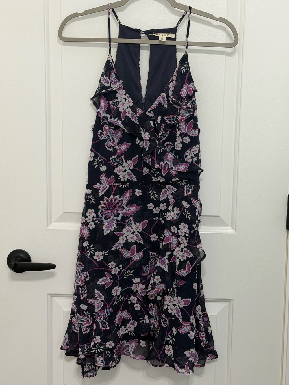 NWT Francesca’s Mi Ami Navy Floral Ruffle Halter Dress Size Small
